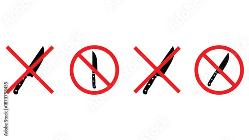 A graphic illustration of knives with red prohibition signs on a white background