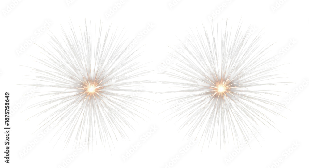 Obraz premium Two brilliant, photorealistic fireworks isolated on a transparent background, intense white and silver light trails radiating from a golden core, dramatic high-contrast lighting, concept of festive