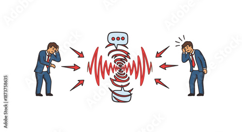 Two distressed businessmen are overwhelmed by an intense, disruptive wave of sound and conflicting communication, symbolizing workplace stress or a difficult discussion.