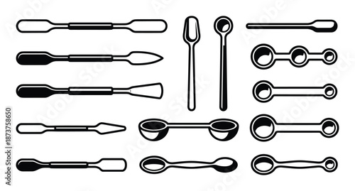 Spoons vector illustrations, various cooking and laboratory spoons in black and white line art.