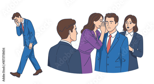 A sad businessman walks away from colleagues who are engaged in harmful gossip and whispering, illustrating themes of workplace bullying and social exclusion.