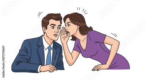 A woman in a purple dress leans in to share a confidential secret with a surprised man in a suit, illustrating the concept of gossip and private communication.