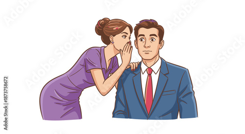 A woman in a purple dress discreetly whispers a secret into a surprised businessman's ear, conveying confidential information or gossip.