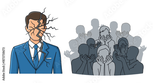 Illustration of a man's face cracking from stress, with a distressed group, symbolizing widespread mental health issues and fragility.