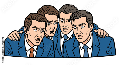 Four anxious businessmen in blue suits huddle together, their wide eyes and open mouths expressing collective shock and profound surprise at an unforeseen event.
