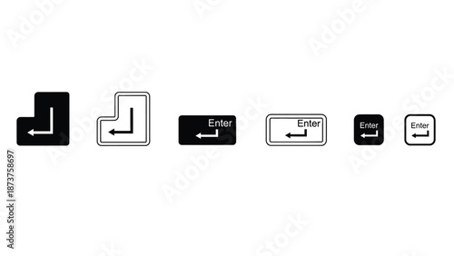 A collection of black and white enter button icons on a plain background