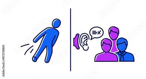 A vibrant illustration depicts an individual walking away from a conversation group, symbolizing themes of social exclusion, disinterest, or departure.