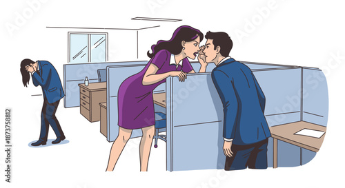 Two colleagues in an office cubicle are engaged in a secretive whisper, while another employee in the background appears visibly distressed and isolated.