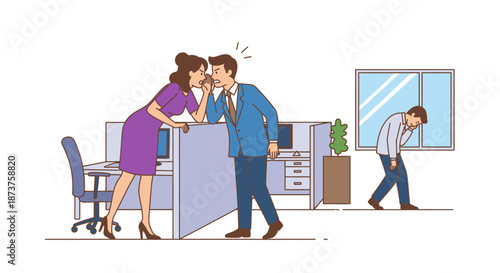 An office scene depicts a woman whispering intently to a male coworker, highlighting the spread of rumors and their potential to upset another colleague.