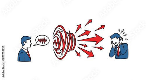A vivid illustration shows a speaker amplifying sound waves towards an individual covering their ears, symbolizing overwhelming noise, information overload, or aggressive communication.