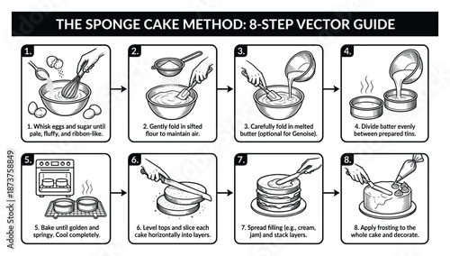 Sponge Cake Recipe: 8-Step Vector Illustration Guide, Baking Process, Cake Layers, Cream, Decoration