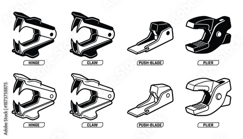 Staple remover types illustration: hinge, claw, push blade, and plier design.