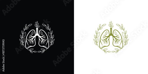 Human lungs surrounded by foliage depicted in contrasting illustrations on black and white backgrounds