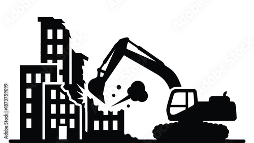 Excavator demolishing a building, symbolizing construction and destruction.