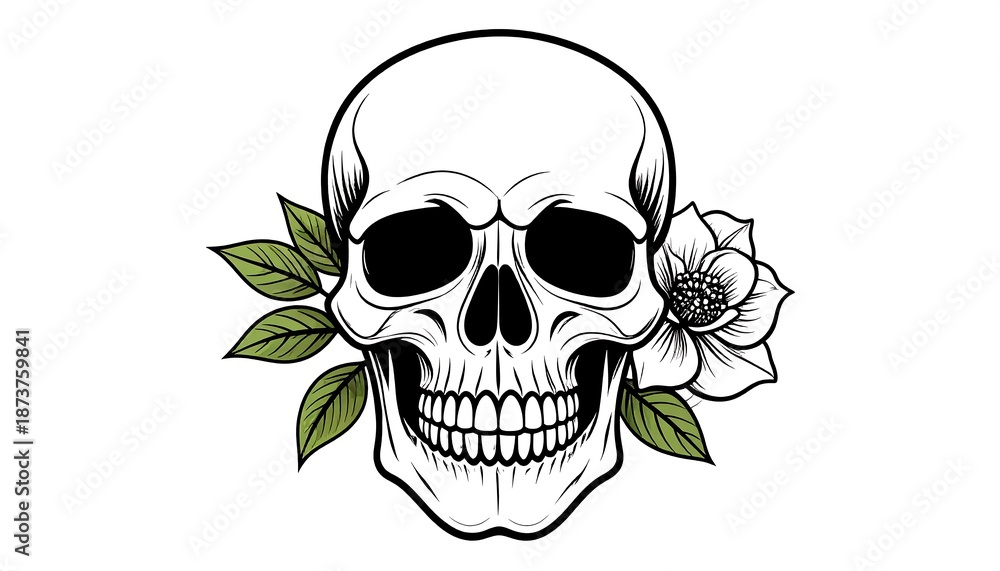 Obraz premium A detailed illustration of a skull adorned with a delicate white flower and green leaves, against a white background
