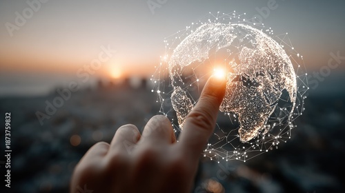 A person's index finger touches a glowing, networked globe with white lines and dots, against a blurred background of a sunset over a cityscape