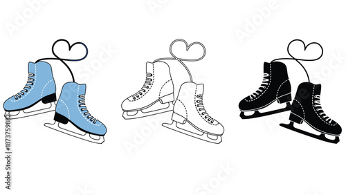 A colorful illustration of ice skates with heart shaped laces on a white background