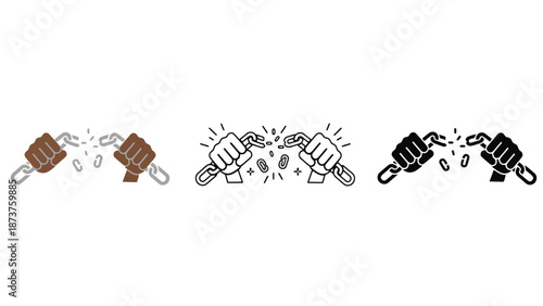 Three fists breaking free from chains in different colors and styles