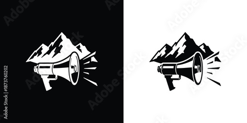 Megaphone illustration with mountains in the background on contrasting black and white backgrounds