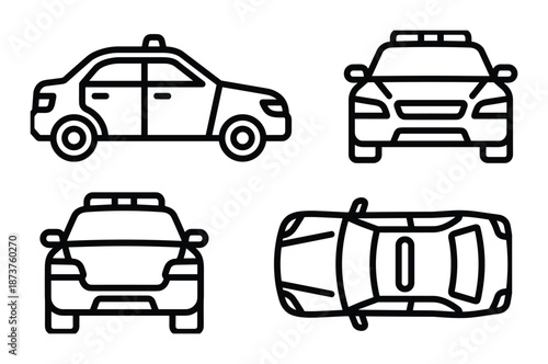 Taxi cab line art icons, four view: side, front, rear, and top, black outline, vehicle icons, public transport, car.