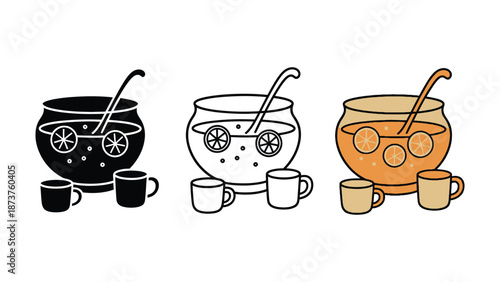 An illustration of three pots of flavored tea with mugs on a white background