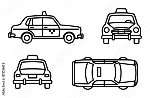 Taxi Car Vector Illustration, Four Different Views, Side, Front, Back and Top