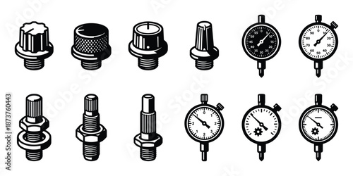Technical drawing of dials and threaded components. Gauges, knobs, screws, and fasteners.