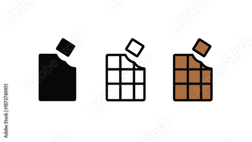 Three icons of chocolate bars in different styles on a white background