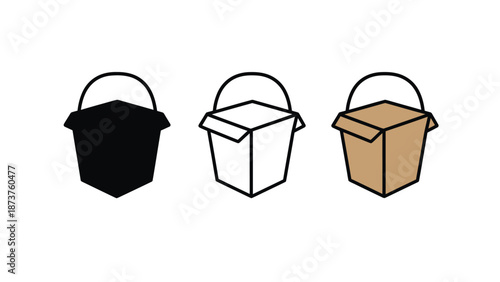 Three different colored takeout containers on a white background