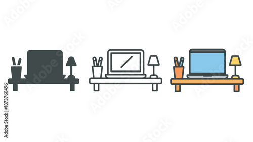 A minimalist workspace with various desk setups and office equipment