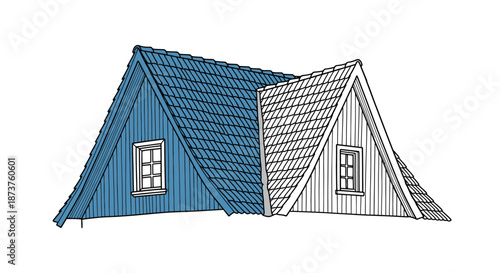 A charming hand-drawn illustration depicting two distinct house roofs, one vibrant blue and the other classic white, highlighting architectural choices.