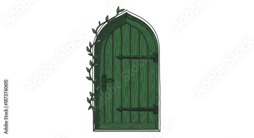An enchanting, isolated dark green arched wooden door, adorned with delicate climbing vines, offers a whimsical portal to a hidden world or secret garden.