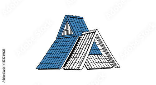 An abstract illustration depicting two distinct triangular roof sections, one vibrant blue and one classic white, showcasing modern architectural elements and roofing materials.