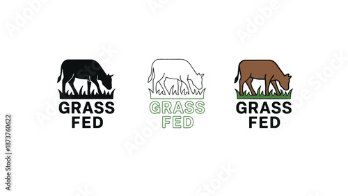 Three grass fed logos featuring cows grazing in a field