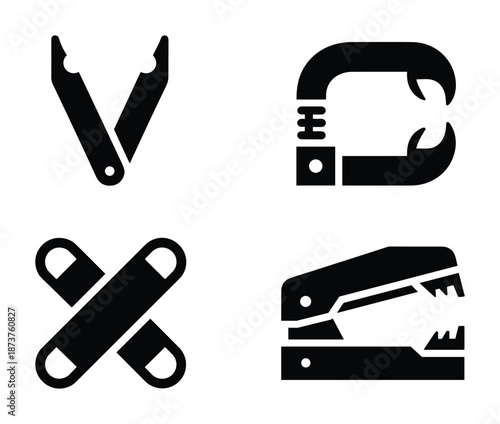Tools icons set vector illustration: pliers, clamp, bandages, and stapler in black color for various designs.