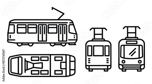 Tram line art illustration of tram, front view, side view, and top view with pantograph and train car
