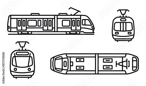 Tram four views vector illustration, side, front, back and top view of modern public transport