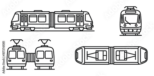 Tram line art vector illustration in different views, front, side, top, and perspective views with fine line details