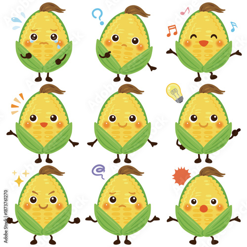 とうもろこしのキャラクター　表情セット／Cute Corn Shoots Character Illustration – Expression Set