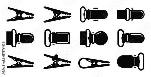 Twelve Black Clamps and Fasteners Vector Illustrations Set