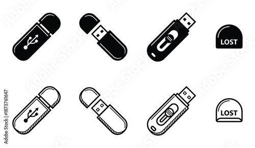 USB drive vector illustration set, lost cap, solid black and outline style, data storage icons