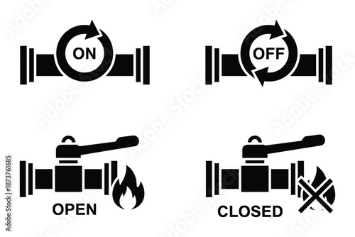Valve On Off Open Closed Positions Icons Symbols Black and White isolated on white background