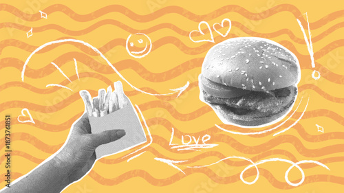 Burger and fries. Trendy halftone collage. Monochrome elements with hand-drawn doodles. Creative design. Food concept, restaurant or cafe menu template.