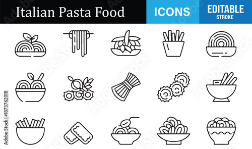 Pasta bowl and Italian food outline icon set