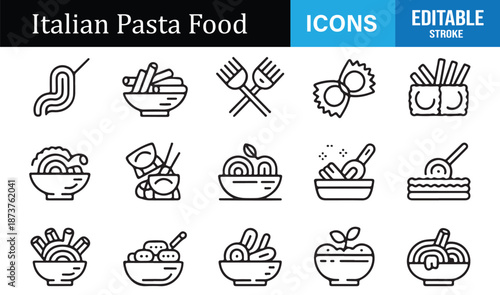 Italian noodle and pasta icons for culinary design projects