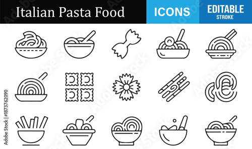 Editable Italian pasta and noodle food icons collection