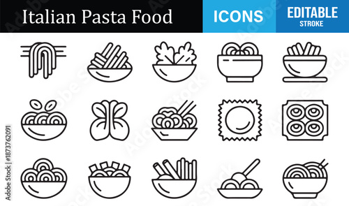Italian pasta food icon set in editable outline vector style