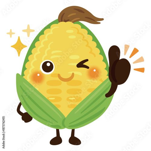 グッドサインを出すとうもろこしキャラクターイラスト／Cute Corn Character Illustration Giving a Thumbs-Up