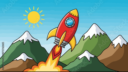 A cartoon rocket ship blasts off into the sky, soaring over snow-capped mountains under a bright sun.