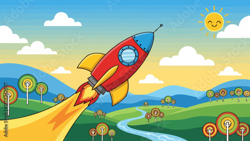 A vibrant cartoon illustration of a red rocket ship blasting off into a bright, sunny sky over a whimsical landscape.